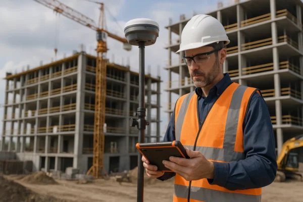 geodeta z GNSS i tabletem przy budowie budynku wielorodzinnego Od geodetów dla geodetów